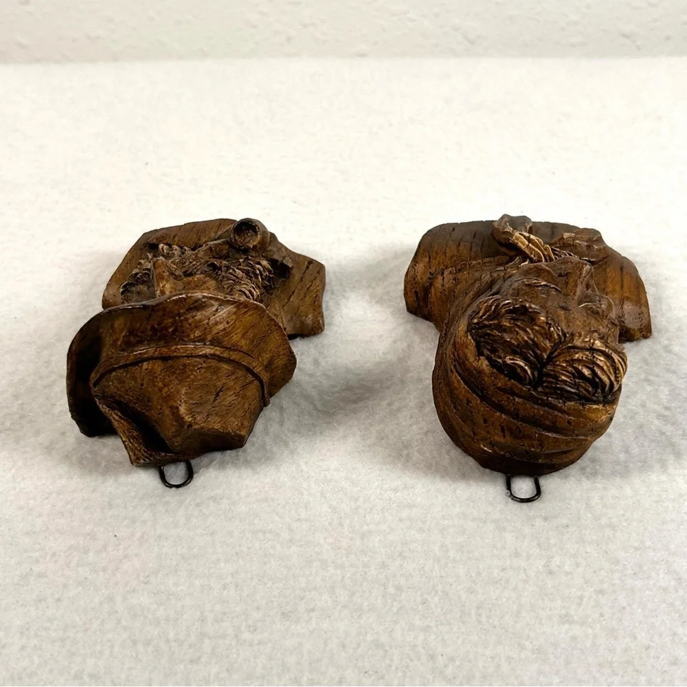 Old Man With Pipe Woman With Scarf  Vintage Faux Carved Wood Wall Hangings